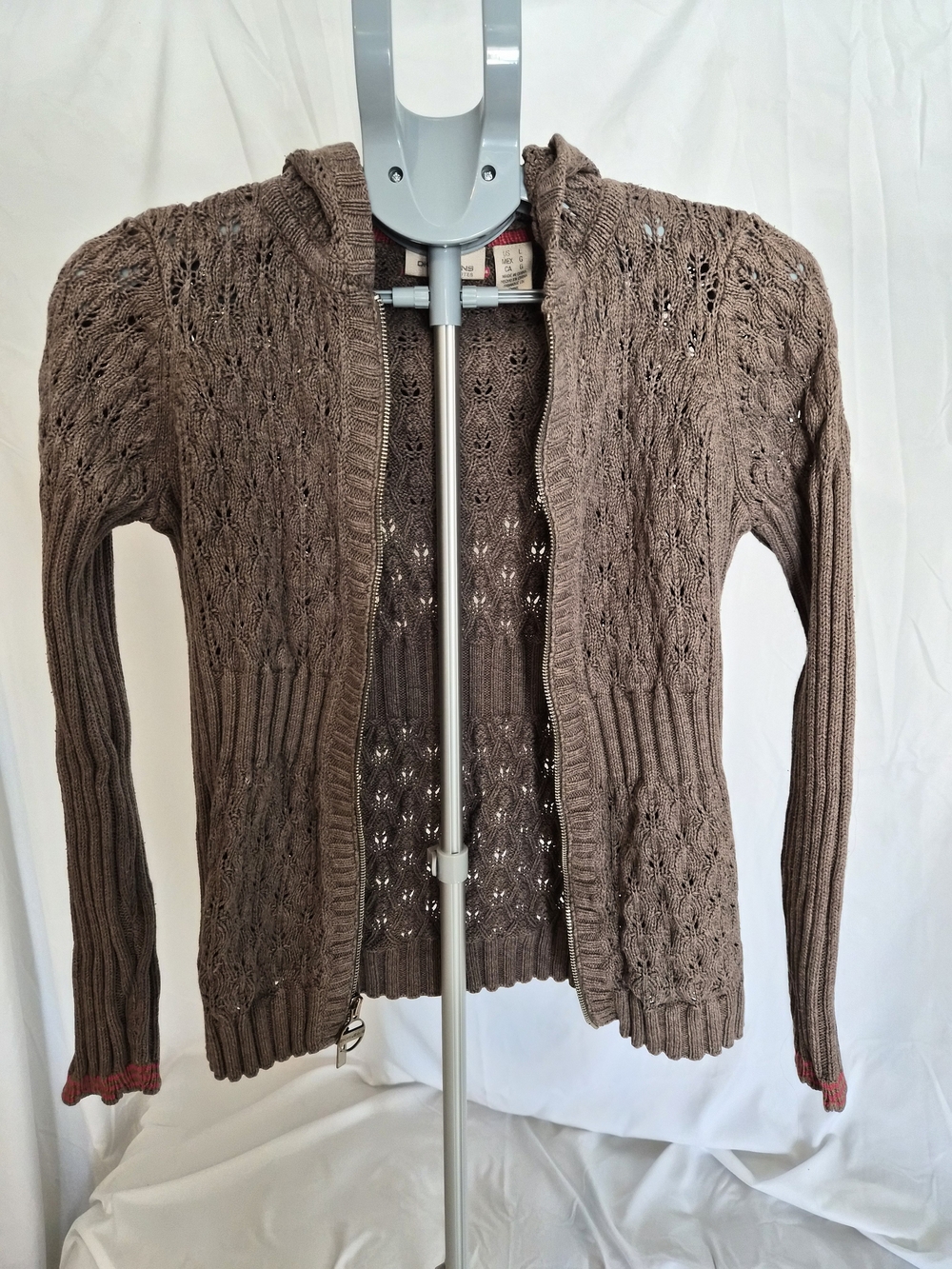 DKNY Taupe Open-Knit Hooded Cardigan with Subtle Red Trim